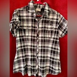 Harley Davidson Black and White Plaid Button-Up Shirt. Size L